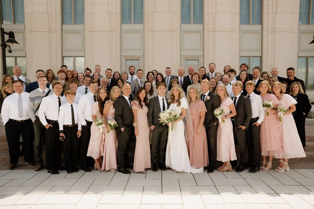 Large wedding party group photo with bridesmaids in pink dresses and groomsmen in dark suits standing in front of columns.