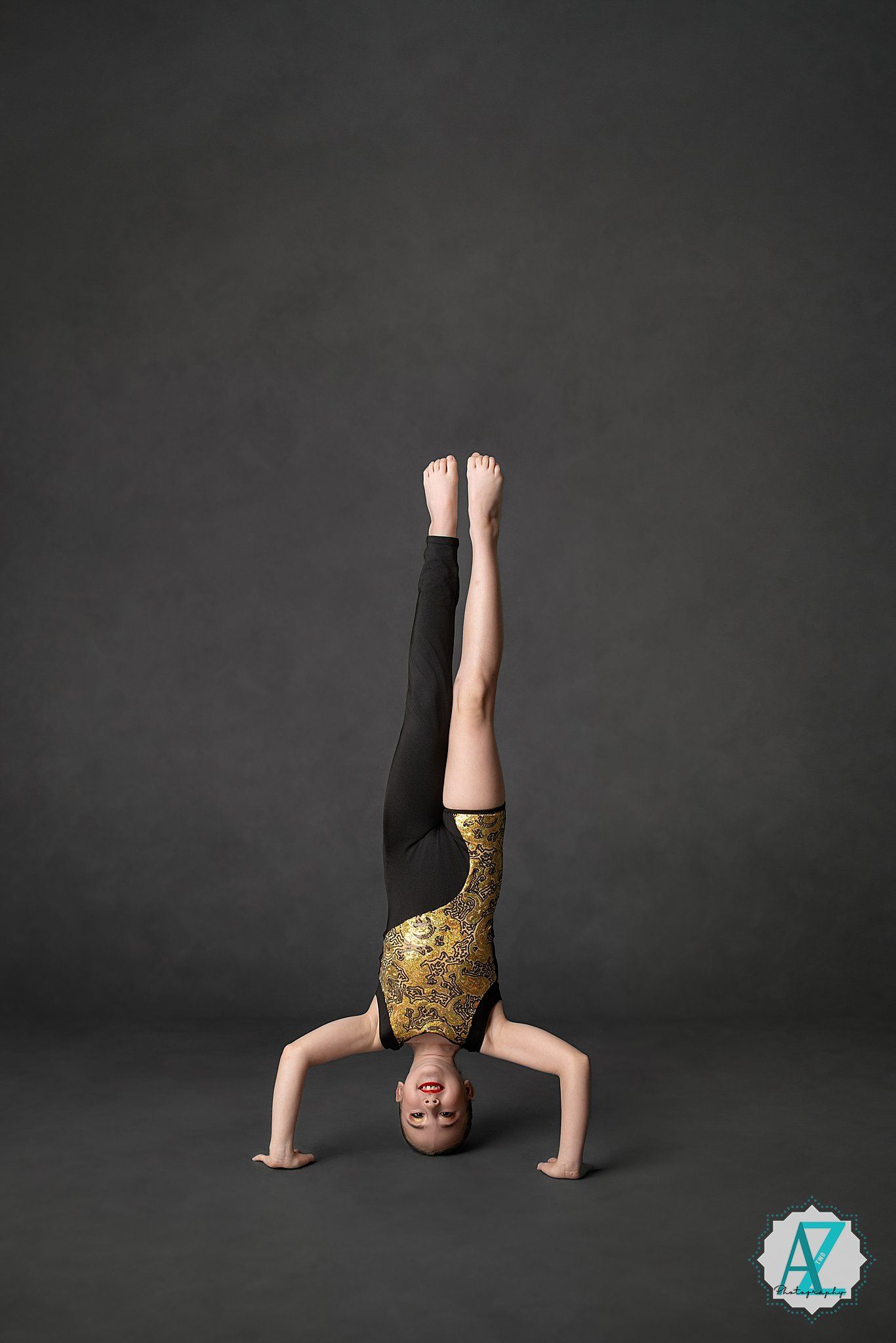 Sequence of photos showing a person in black clothing doing a headstand against a dark background with a blue accent.