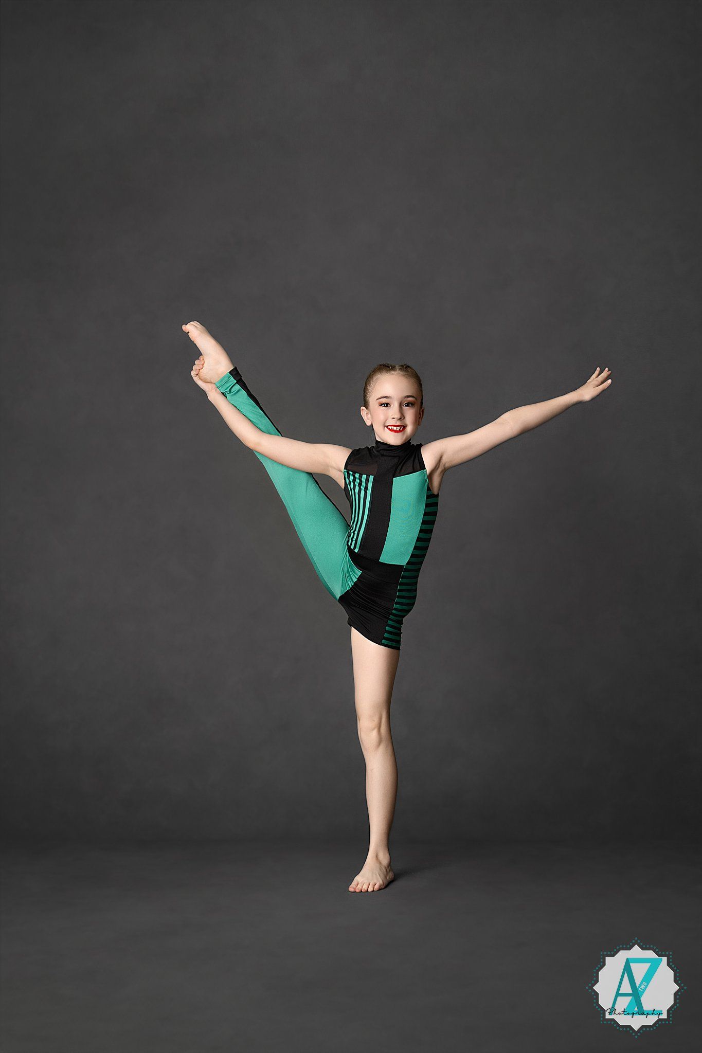 Gymnast performs elegant high kicks in turquoise leotard against dark backdrop in dynamic three-panel photo sequence.