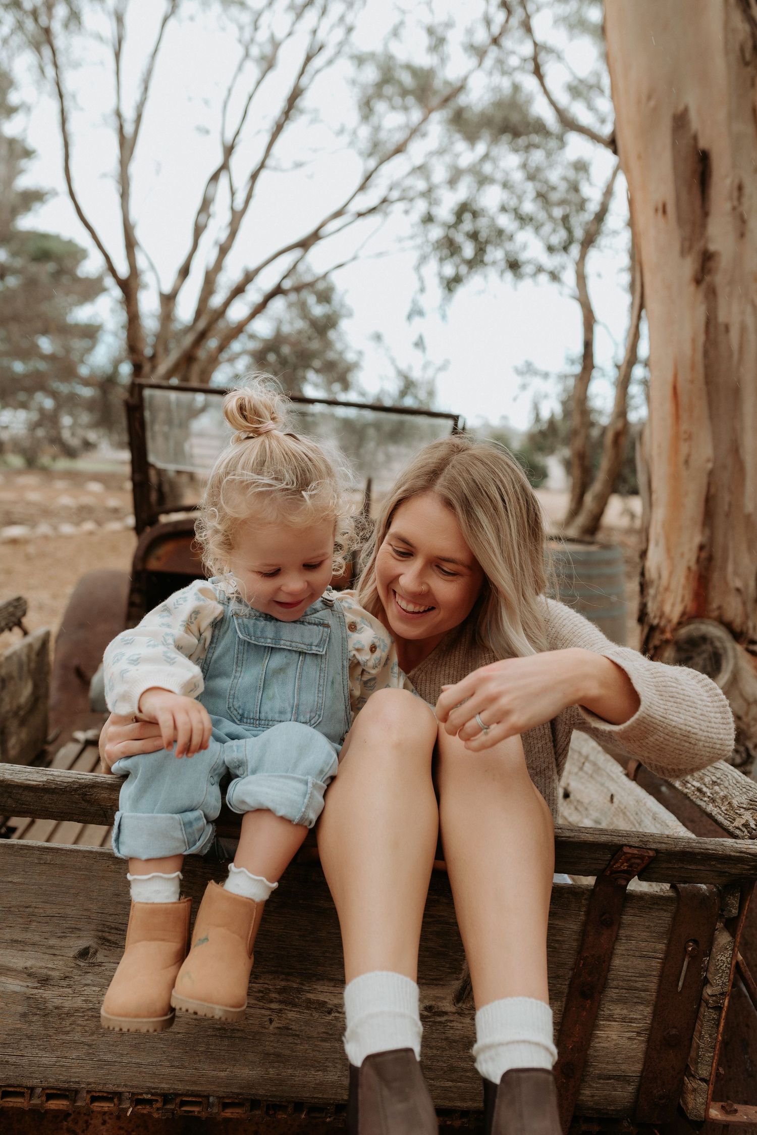 A tender moment shared on a rustic wooden bench in an eucalyptus grove.