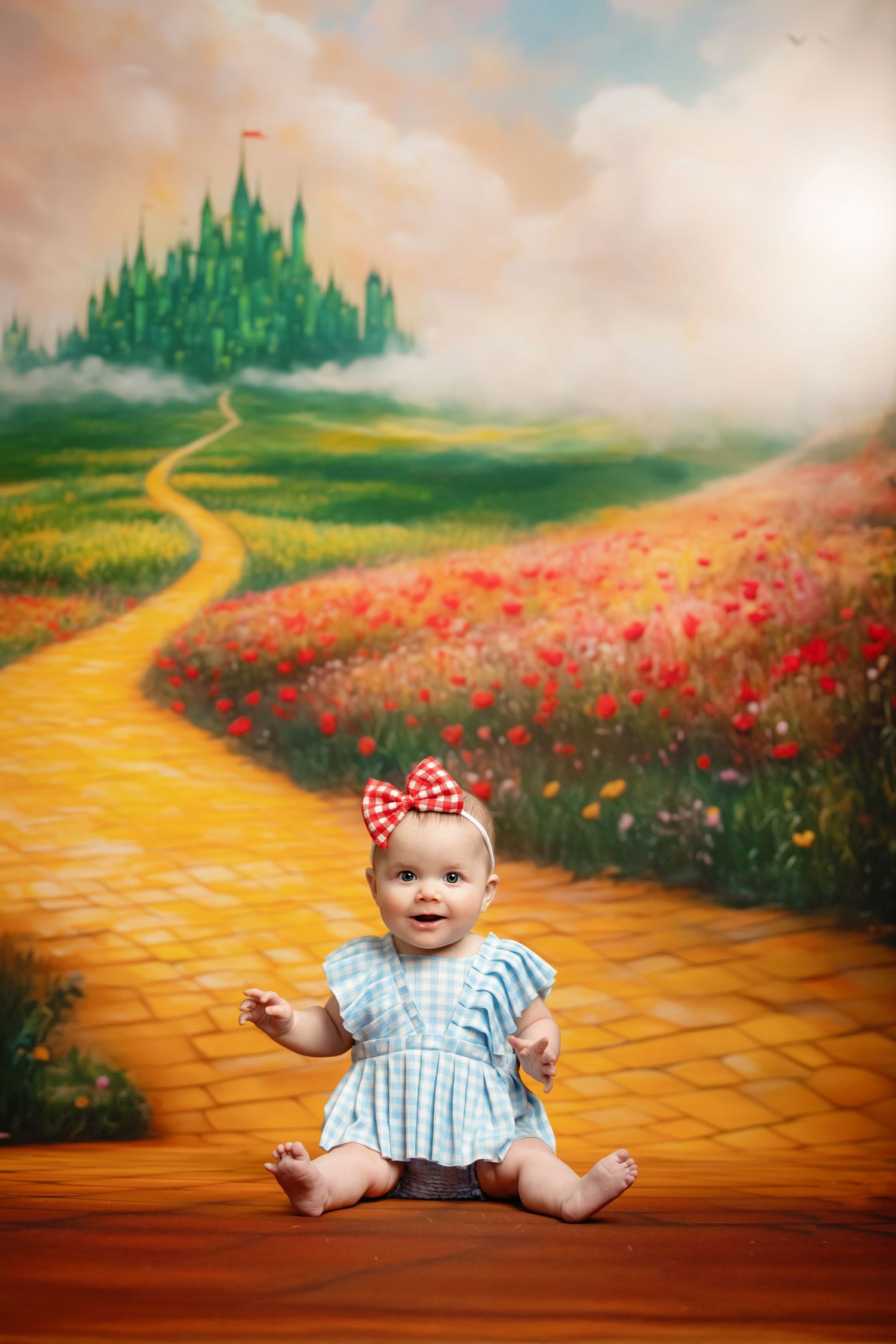 Fantasy portrait of a young princess in a pink tulle gown against dreamy clouds and distant fairytale castle.