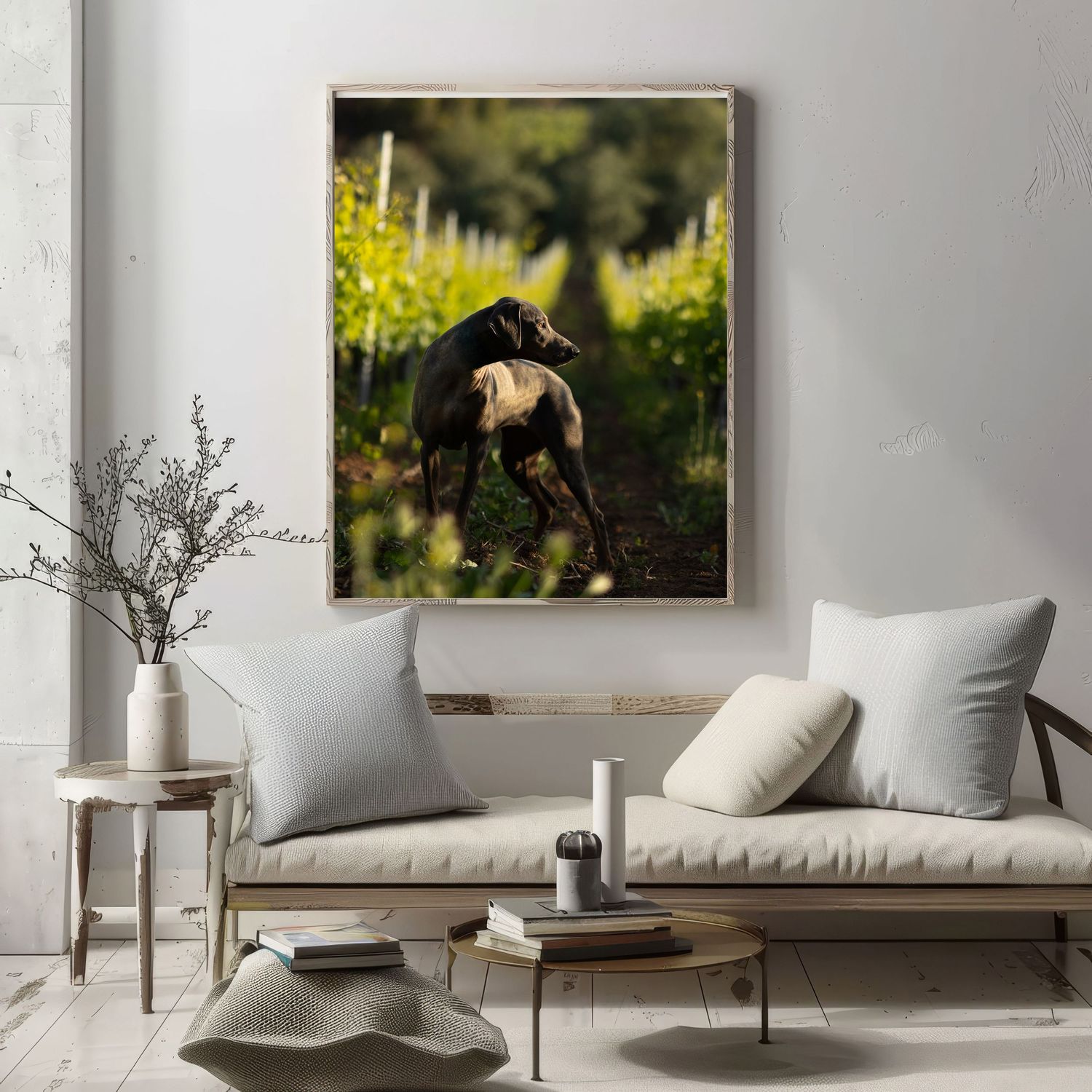 Modern living room interior with large equestrian artwork, gray couch, and minimalist decor in neutral tones.