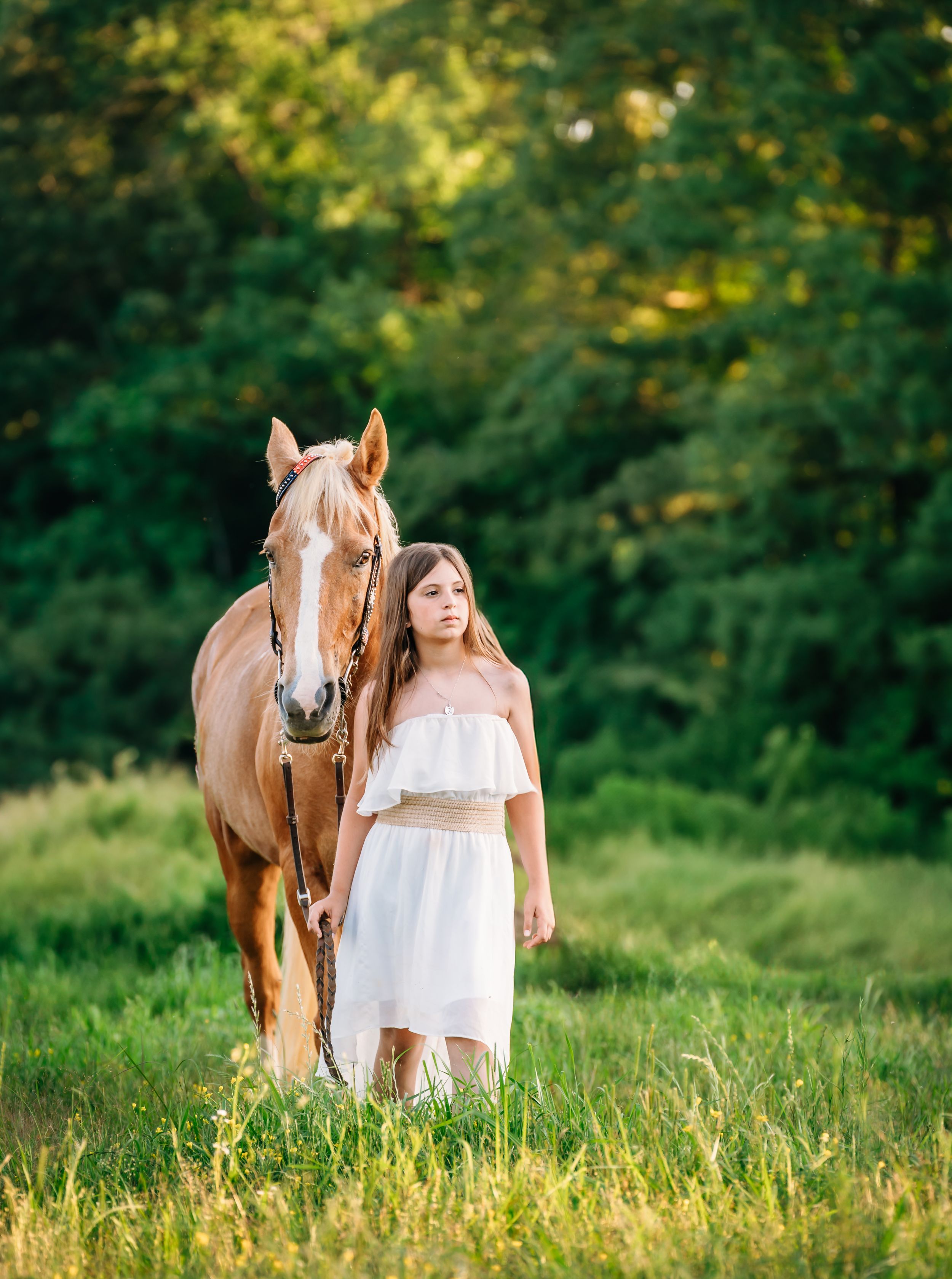 Young girl in white dress stands beside brown horse in sunny meadow with lush green trees in background.