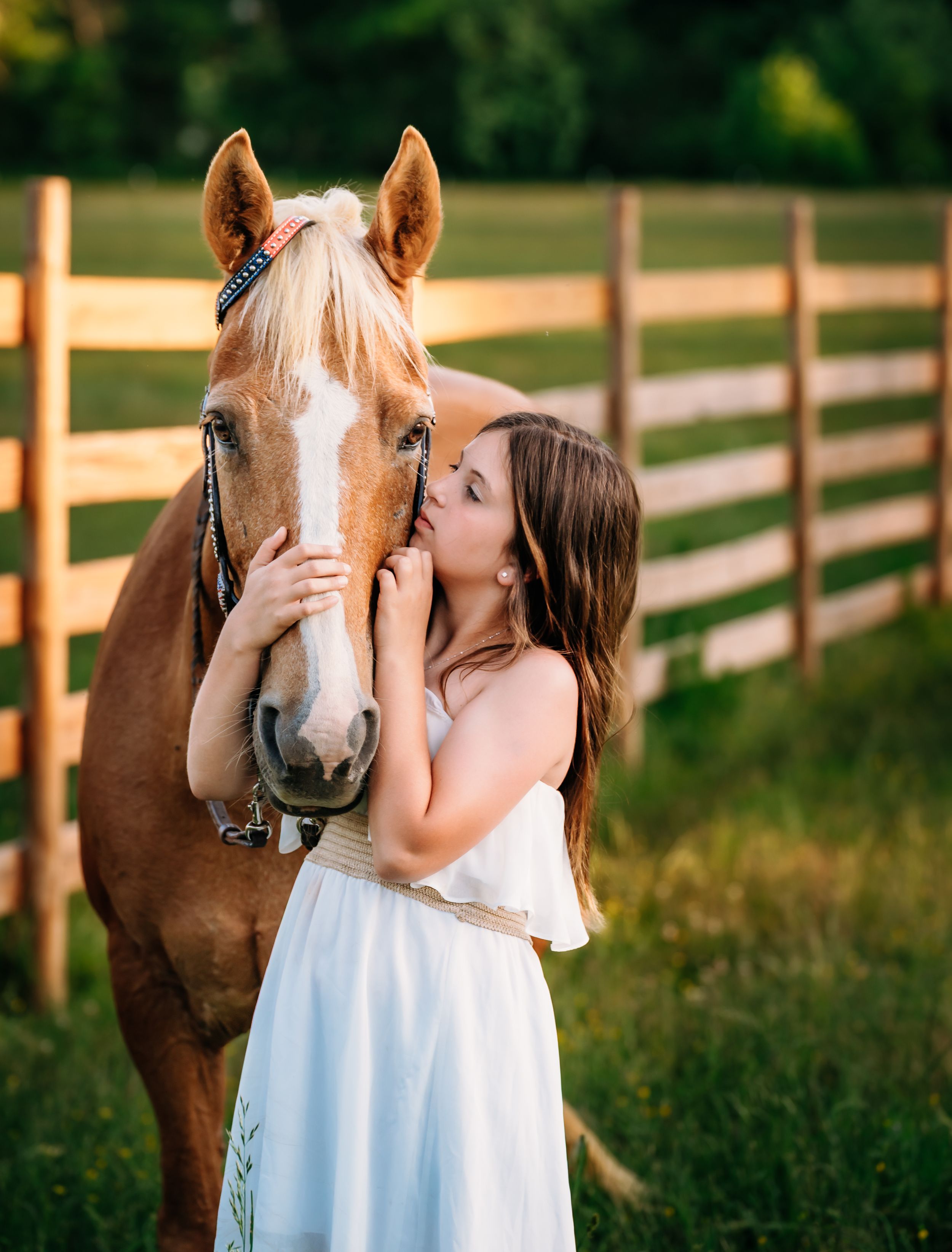 A horse receives an affectionate kiss from someone in a white dress standing next to a wooden fence at sunset.