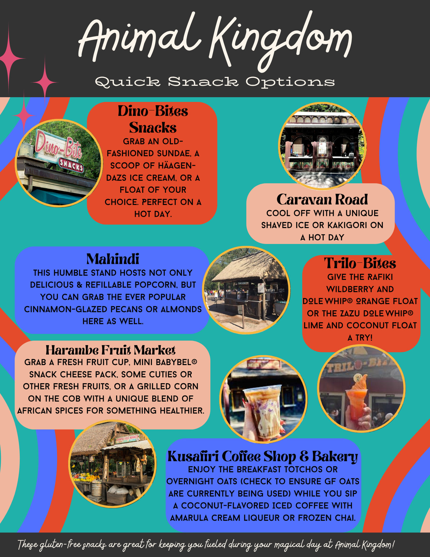 Detailed menu board showing snack options and food kiosks available at Animal Kingdom.