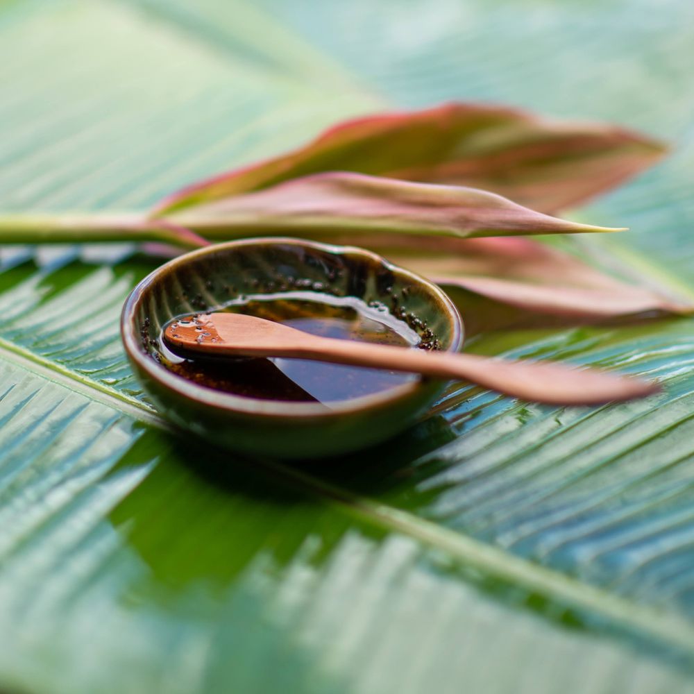 Small dark bowl with liquid and wooden spoon resting on a tropical green palm leaf in soft lighting.