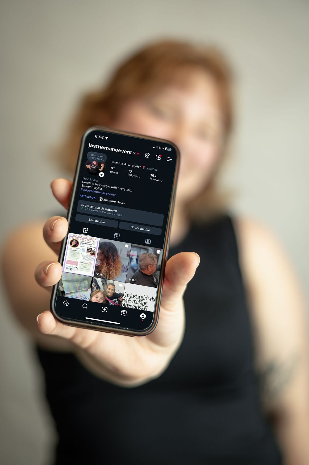 A smartphone displays an app interface interface while being shown in a series of blurred photos.