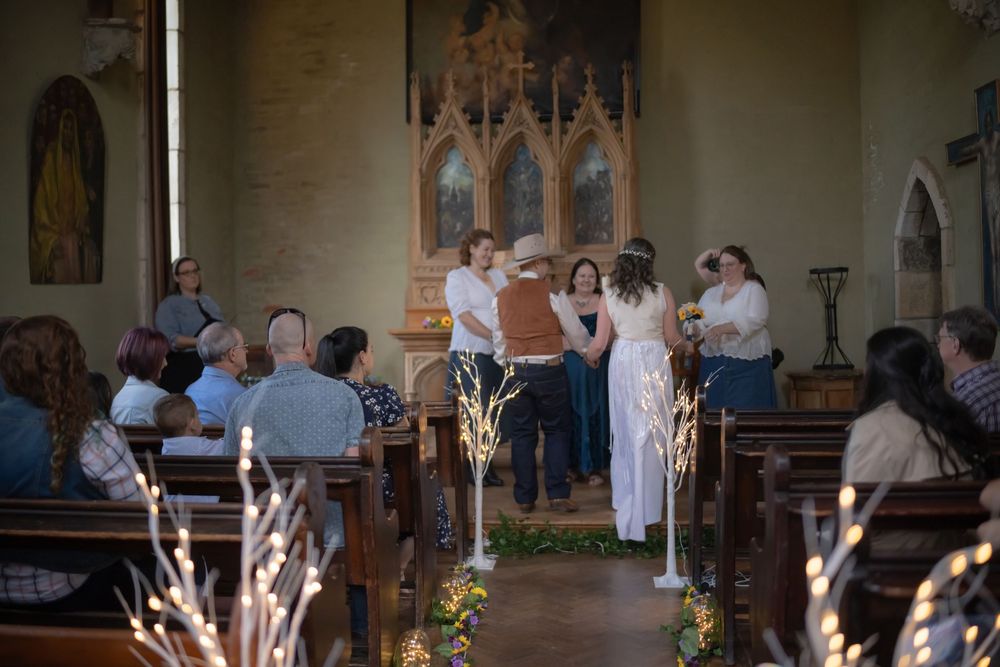 A series of similar church interior photos showing groups of people gathered in wooden pews during a ceremony.