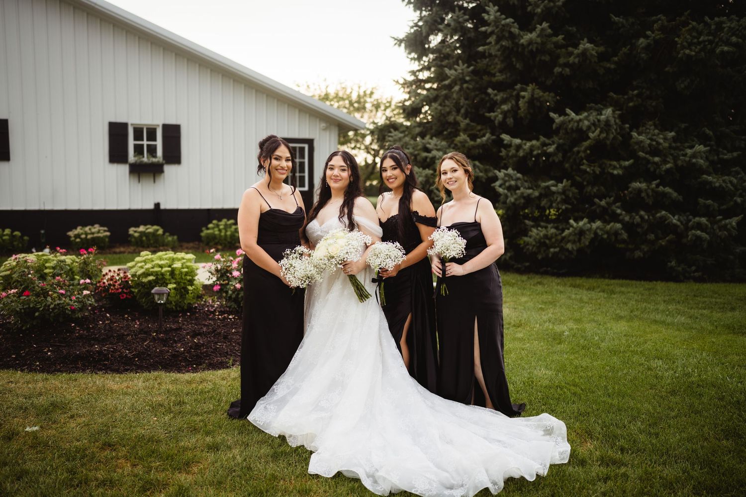 A celebration unfolds across multiple wedding scenes featuring elegant dresses and lush outdoor garden settings.