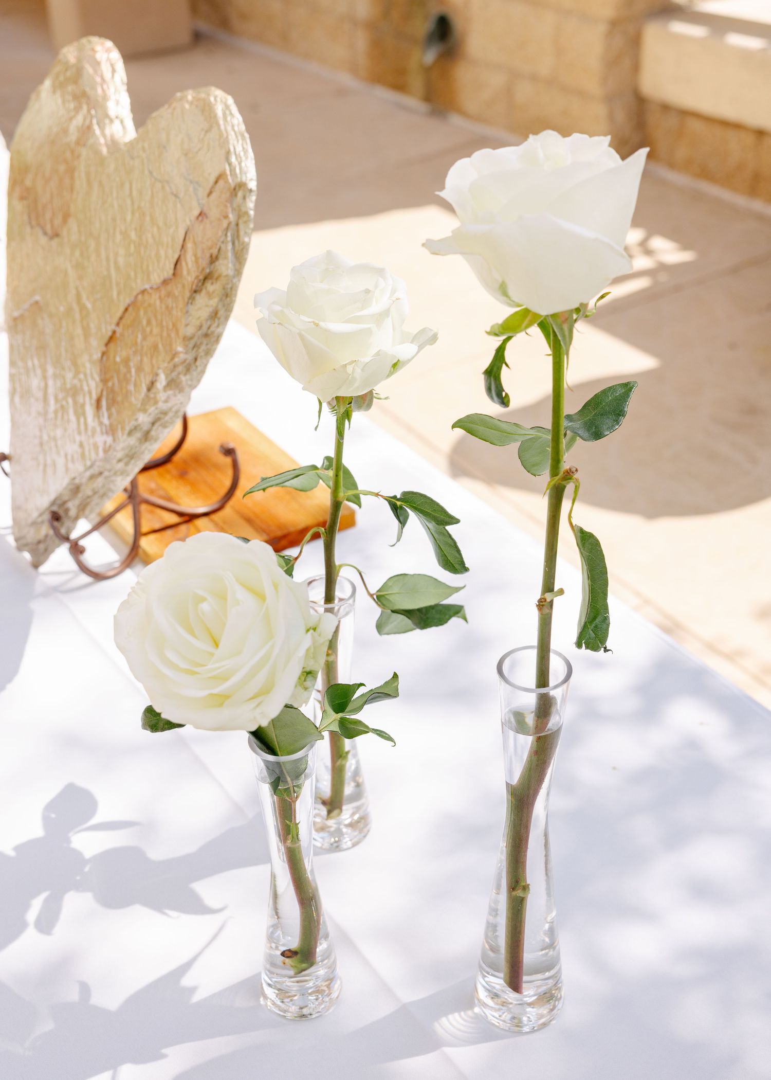 White roses in glass bud vases line up elegantly on a sunlit white table surface.