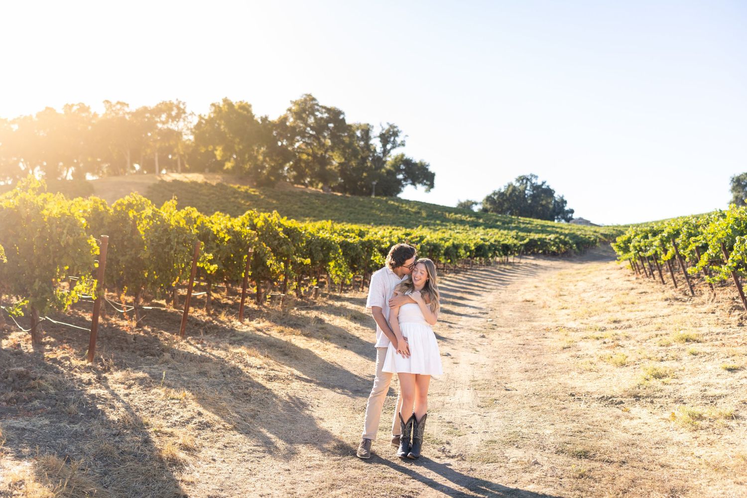 Golden sunlight illuminates a dusty path through vineyard rows as people explore the wine country landscape.