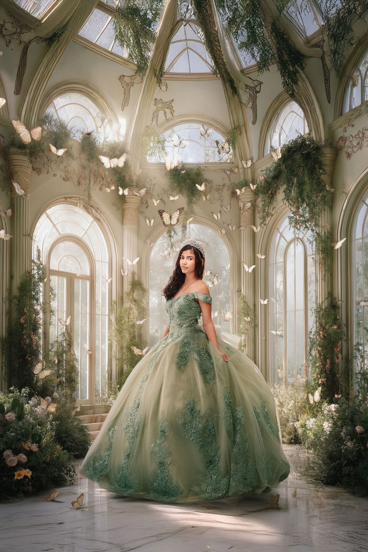 A person in a stunning mint green ball gown poses elegantly in a luxurious palace-like setting with arched windows and flora.