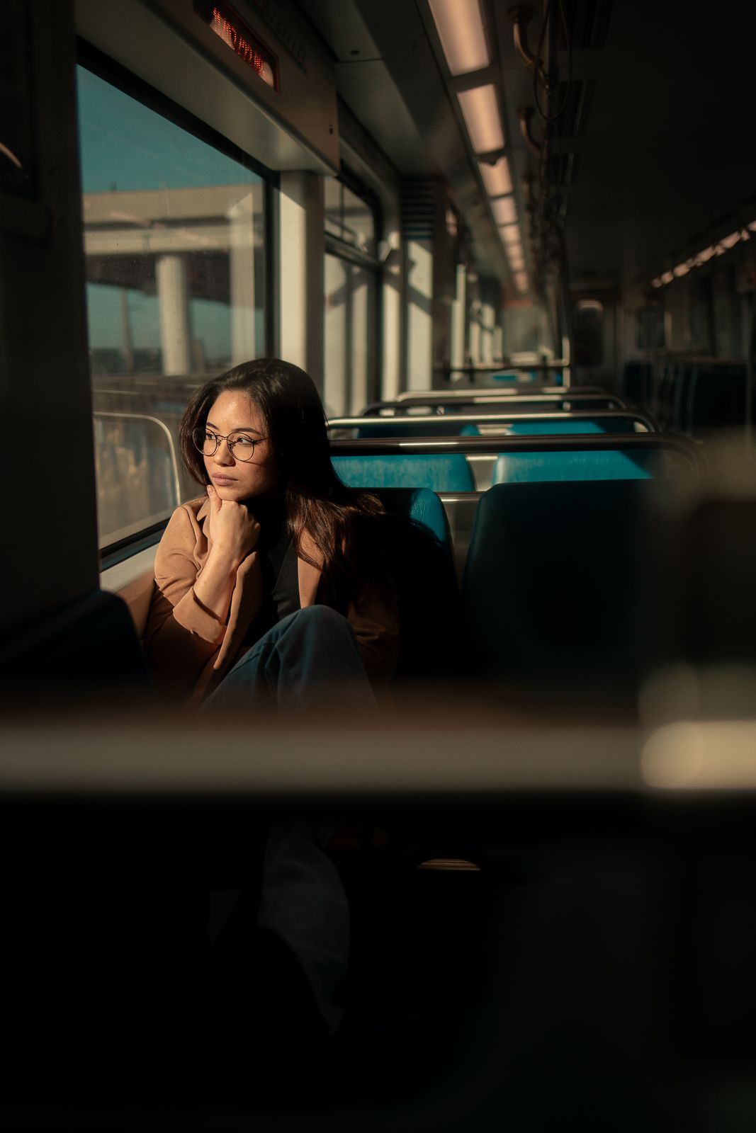Cinematic Miami train station portrait, editorial style with moody lighting for indie film actors and performers by MannyPortraits.