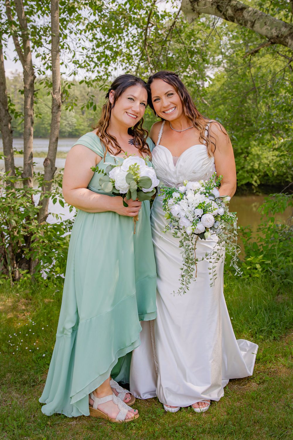 Four coordinated photos showing a wedding party in mint green bridesmaid dresses and white bridal gown posing outdoors.