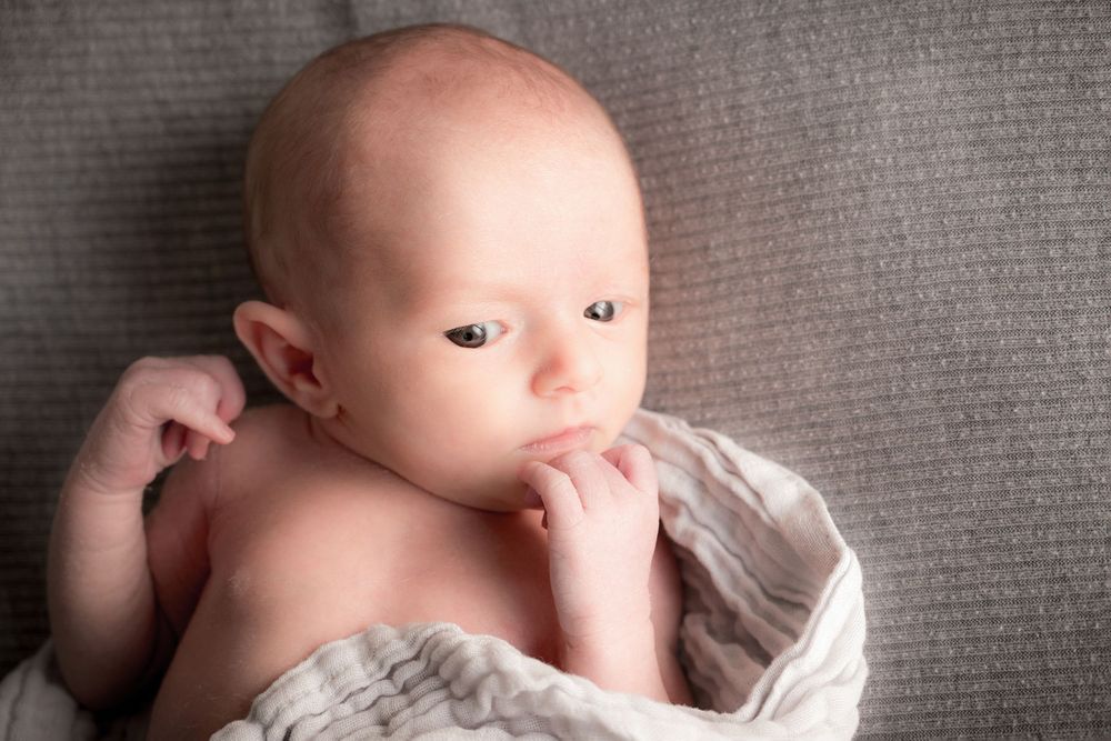 Das Farbfoto eines Babys. Es liegt eingewickelt in einer Decke auf einem Kissen. Studiofotografie in Gelsenkirchen Hassel.