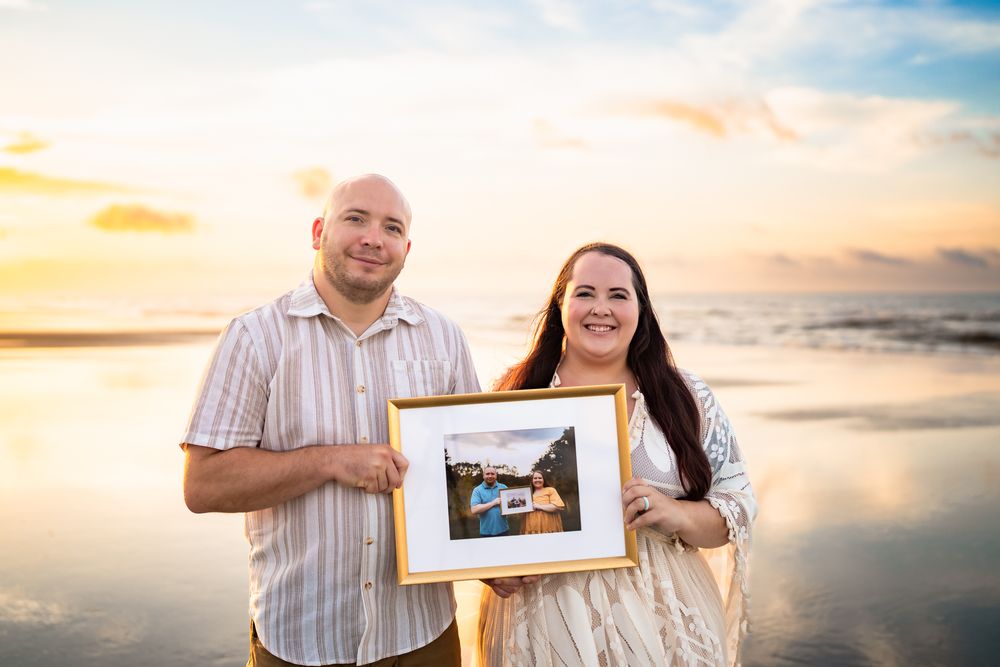 Beach photography collage showing couples and romantic moments during golden sunset with crystal-clear amethyst waters.