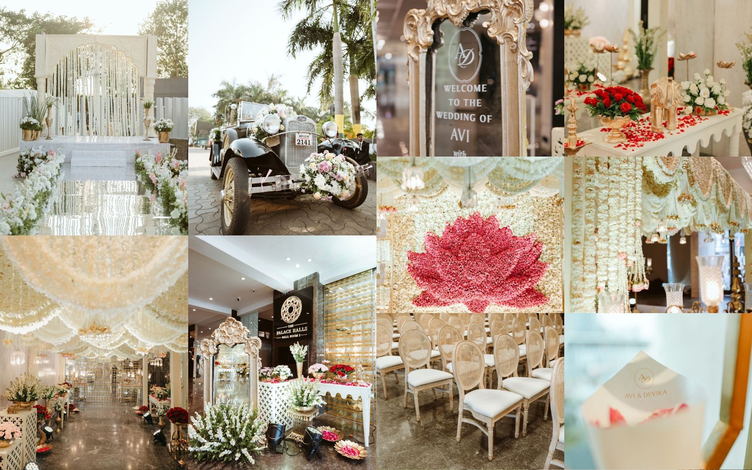 Modern wedding reception with crystal chandeliers & white florals, beautifully captured by a wedding photographer in Mumbai.