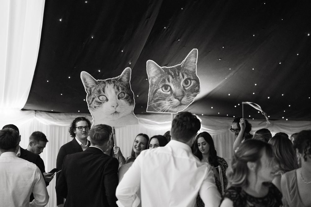 A crowd of wedding guests dance together on a dimly lit dance floor during an evening reception celebration.