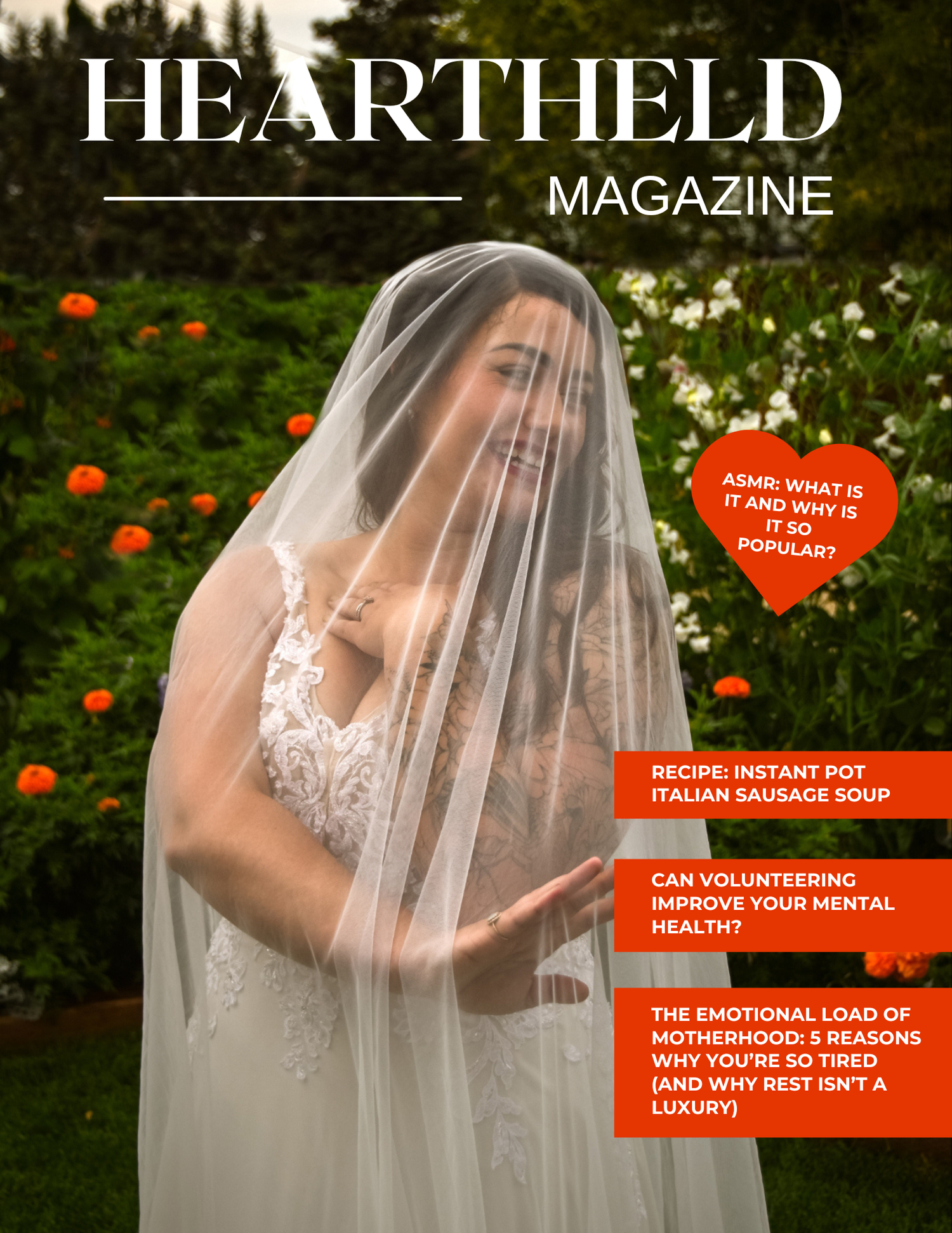 Magazine cover mockup showing a bride in a white dress posing among orange flowers and greenery.
