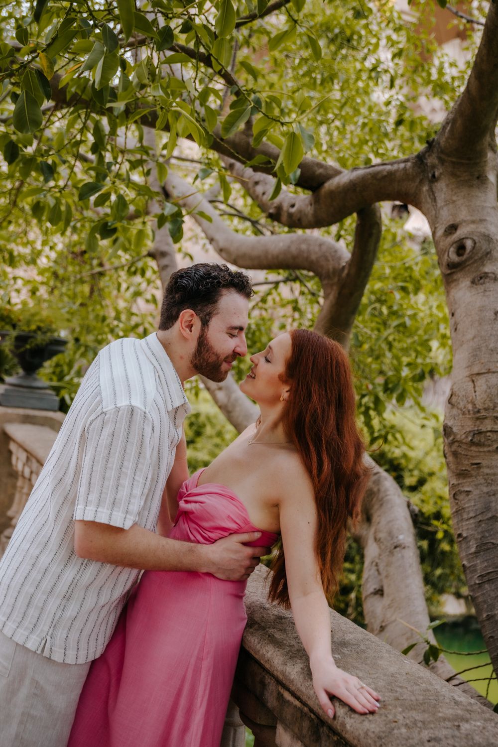 Forehead touch with morning light in the background.