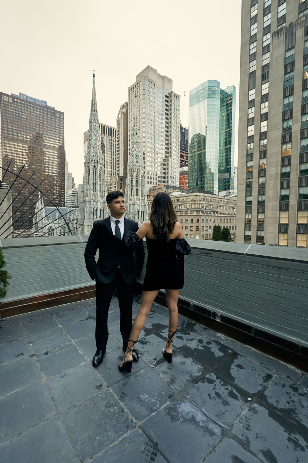 Panoramic set of rooftop photos showing city skyline views with people walking on urban terrace in New York City by 3 West Club manhattan