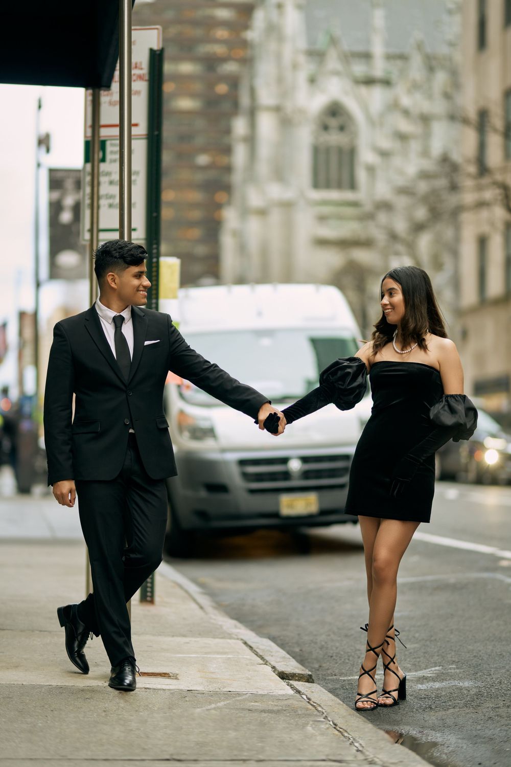 A series of five photos showing a couple in formal attire playfully posing together on a city street by 3 West Club manhattan