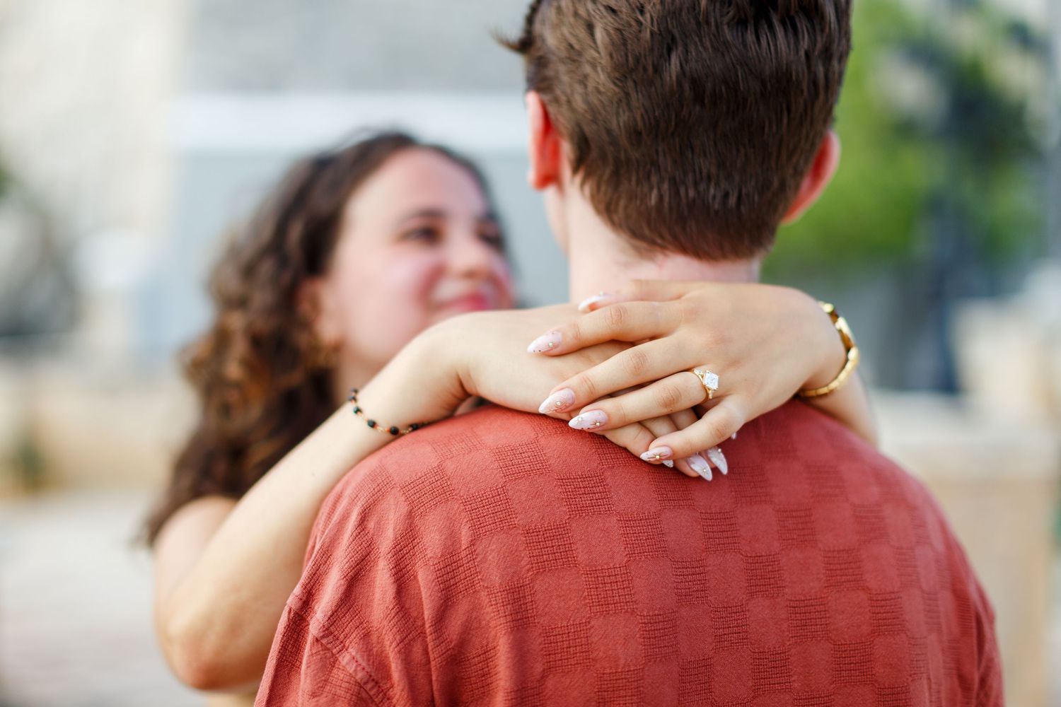 Surprise marriage proposal in Old San Juan, Puerto Rico. Paseo de la Princesa. Man and woman.