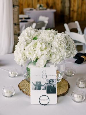 Wedding reception table decorated with white hydrangeas, candles and photo cards.