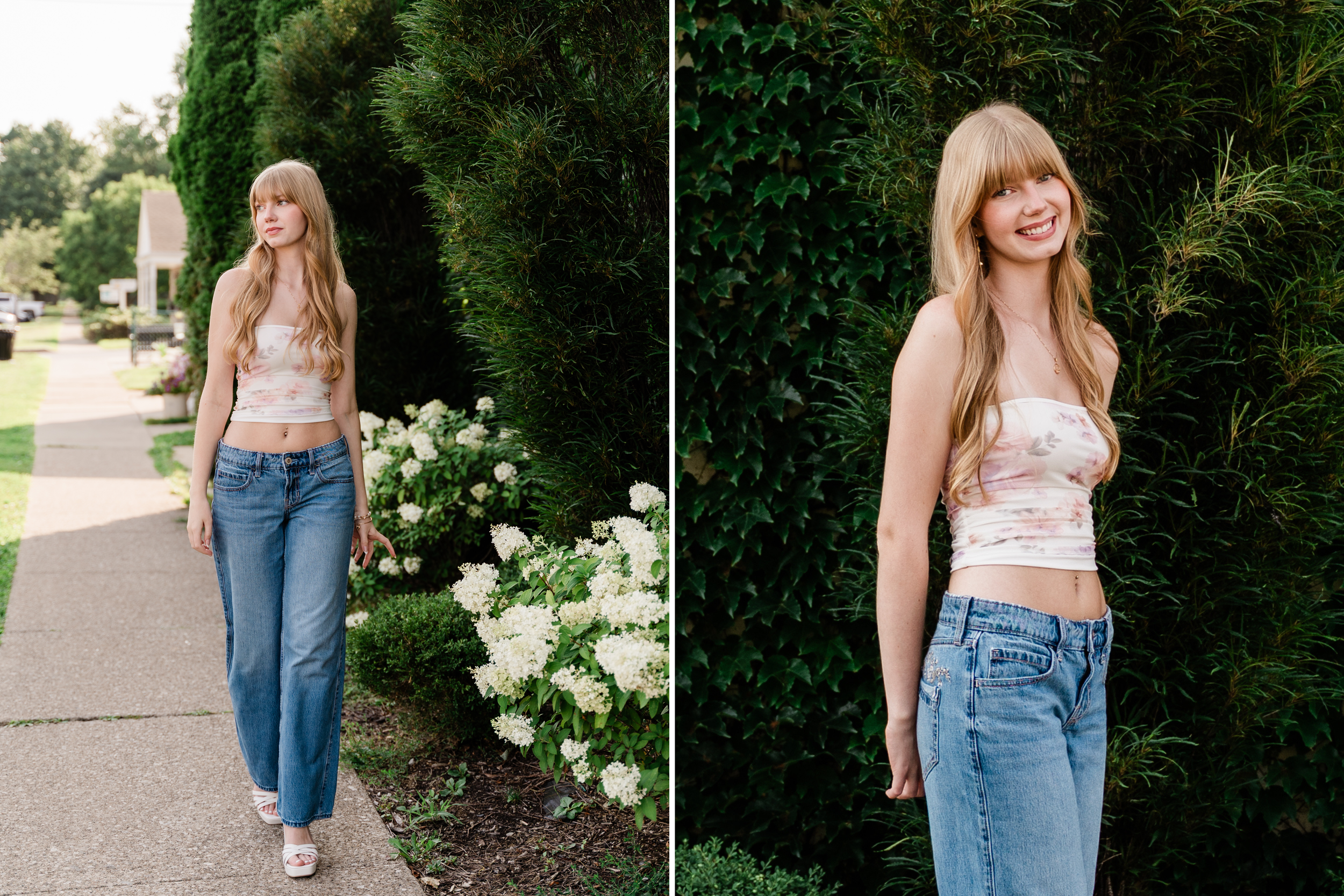 A set of lifestyle fashion photos showing someone posing in a garden setting wearing jeans and a summer top.