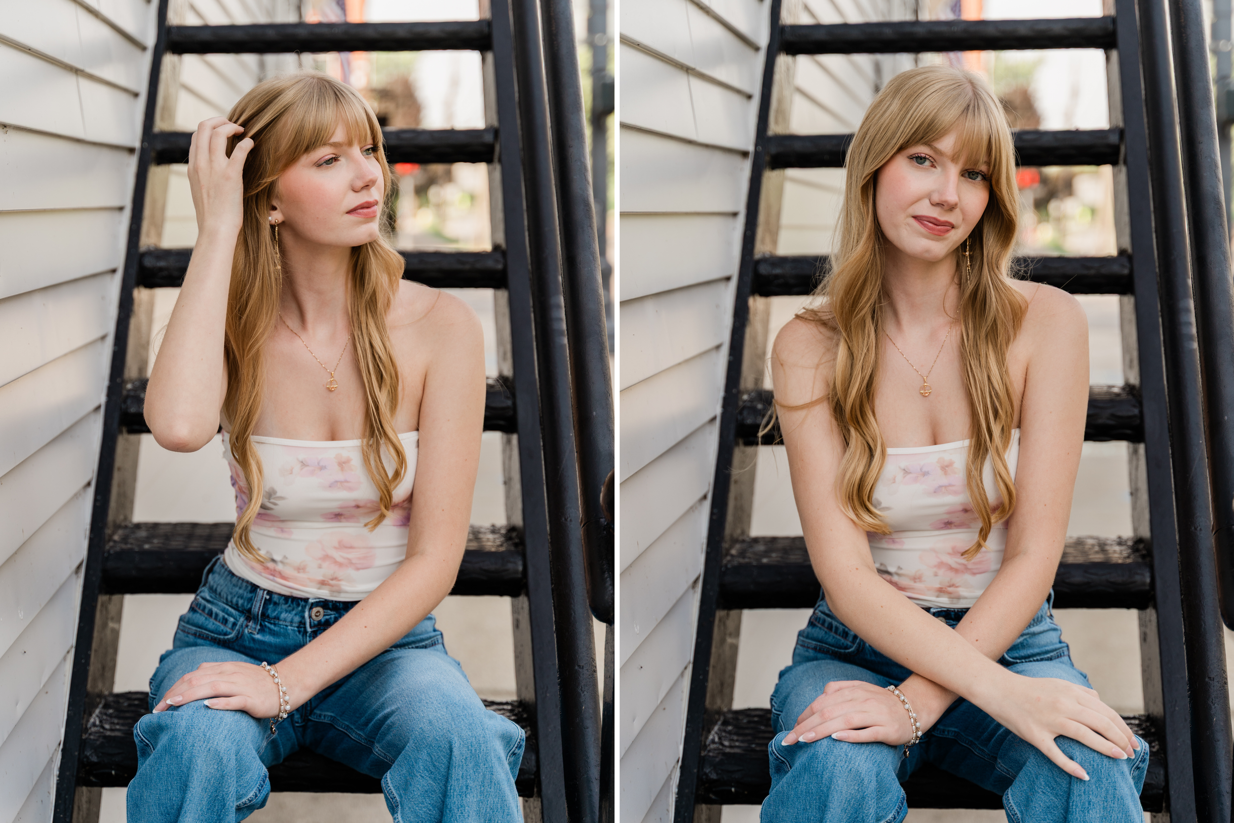 A series of moody portraits showing someone sitting on stairs in jeans and a white top with natural lighting through blinds.