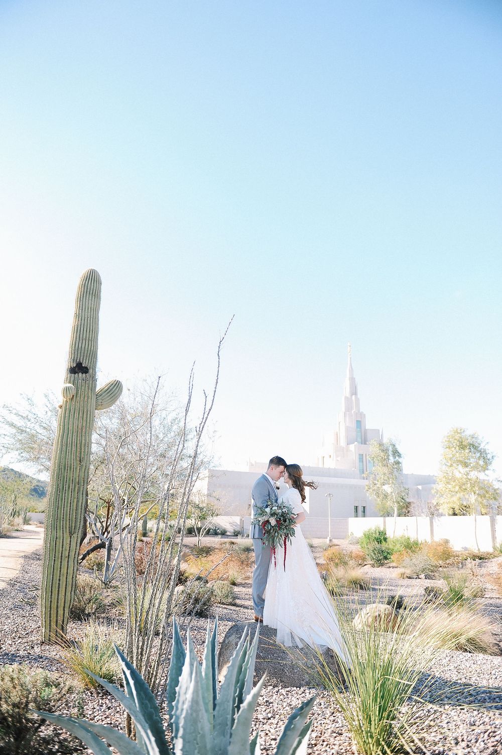 Desert wedding photography session among tall saguaro cacti and desert flora.