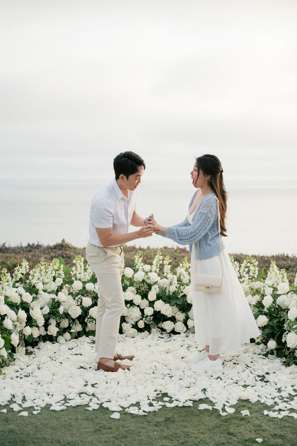A romantic proposal scene unfolds on a cliffside adorned with white flowers overlooking the ocean at sunset.