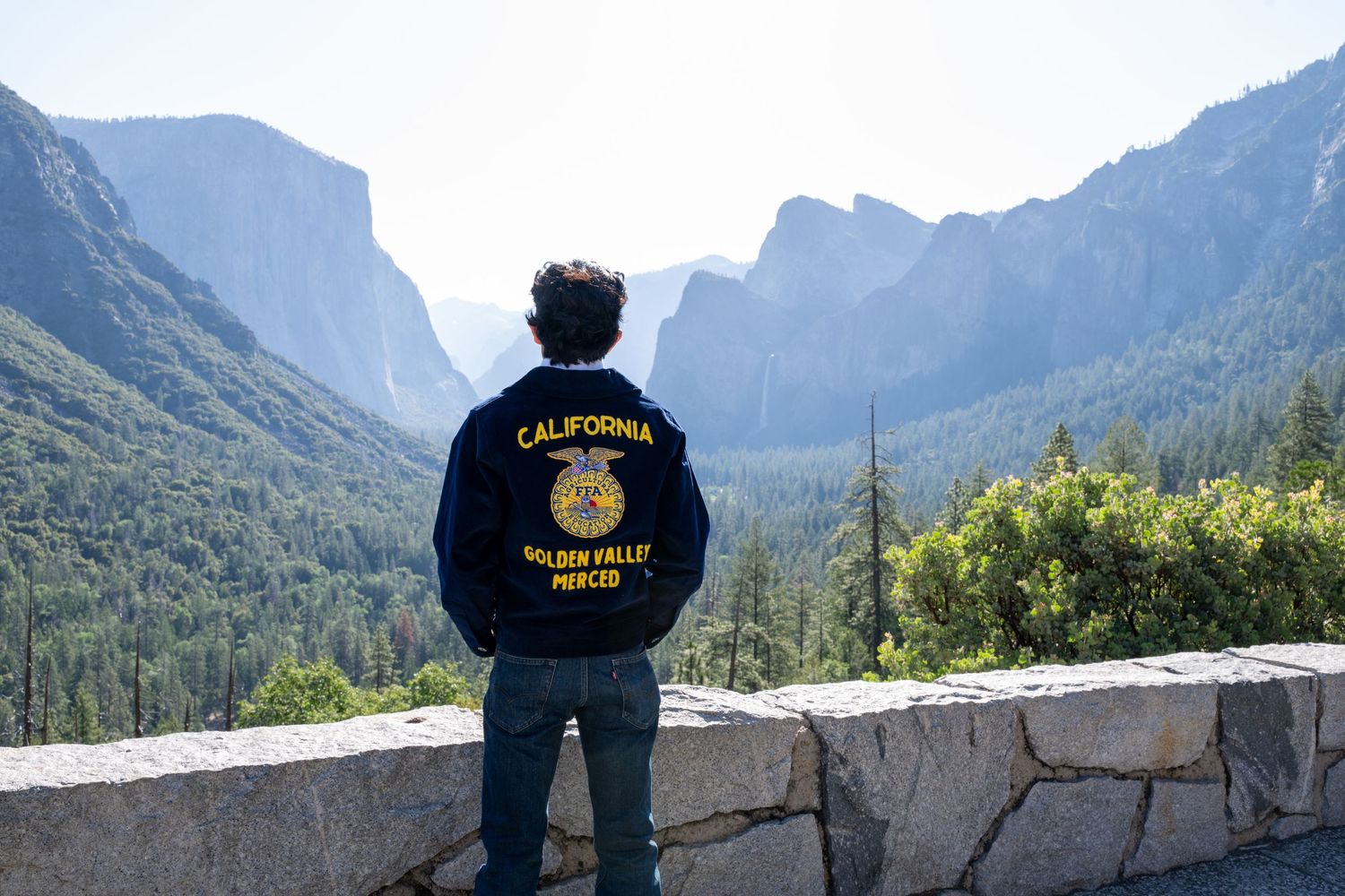 Majestic view of Yosemite Valley with granite cliffs and mountains under blue skies on a sunny day.