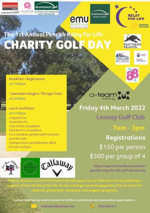 Charity golf day promotional banner for Penrith Relay for Life event at Leonay Golf Club with registration details.