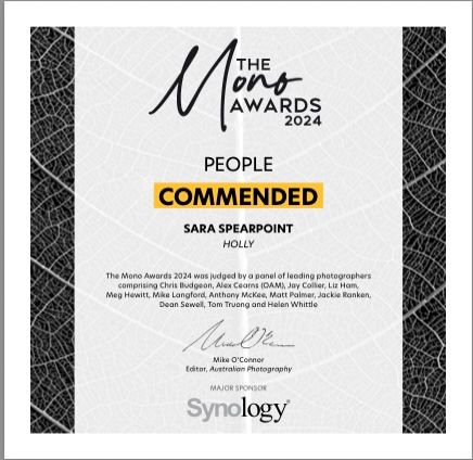 Photography award certificate showing 'Commended' recognition in the People category for 2023.
