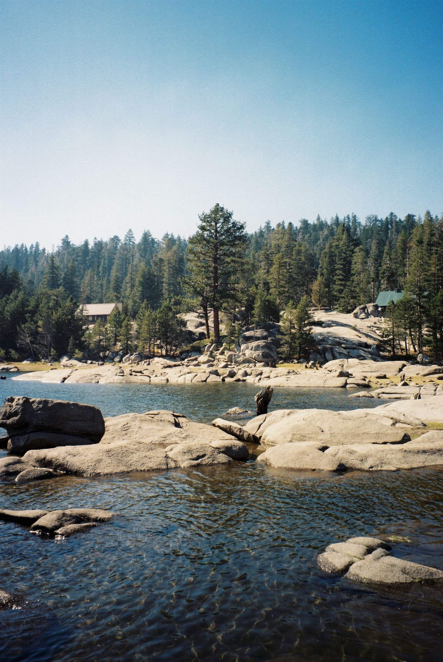A serene lake surrounded by pine trees and rocky shores with cabins nestled in the forest.
