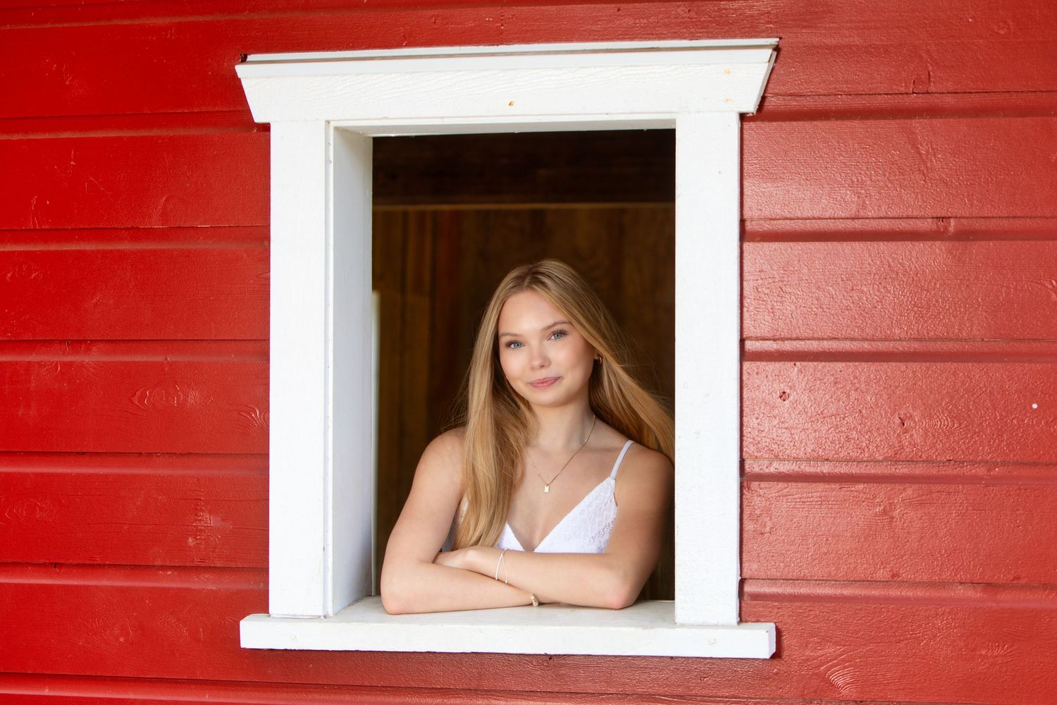 Portrait through white-framed window in bright red building.