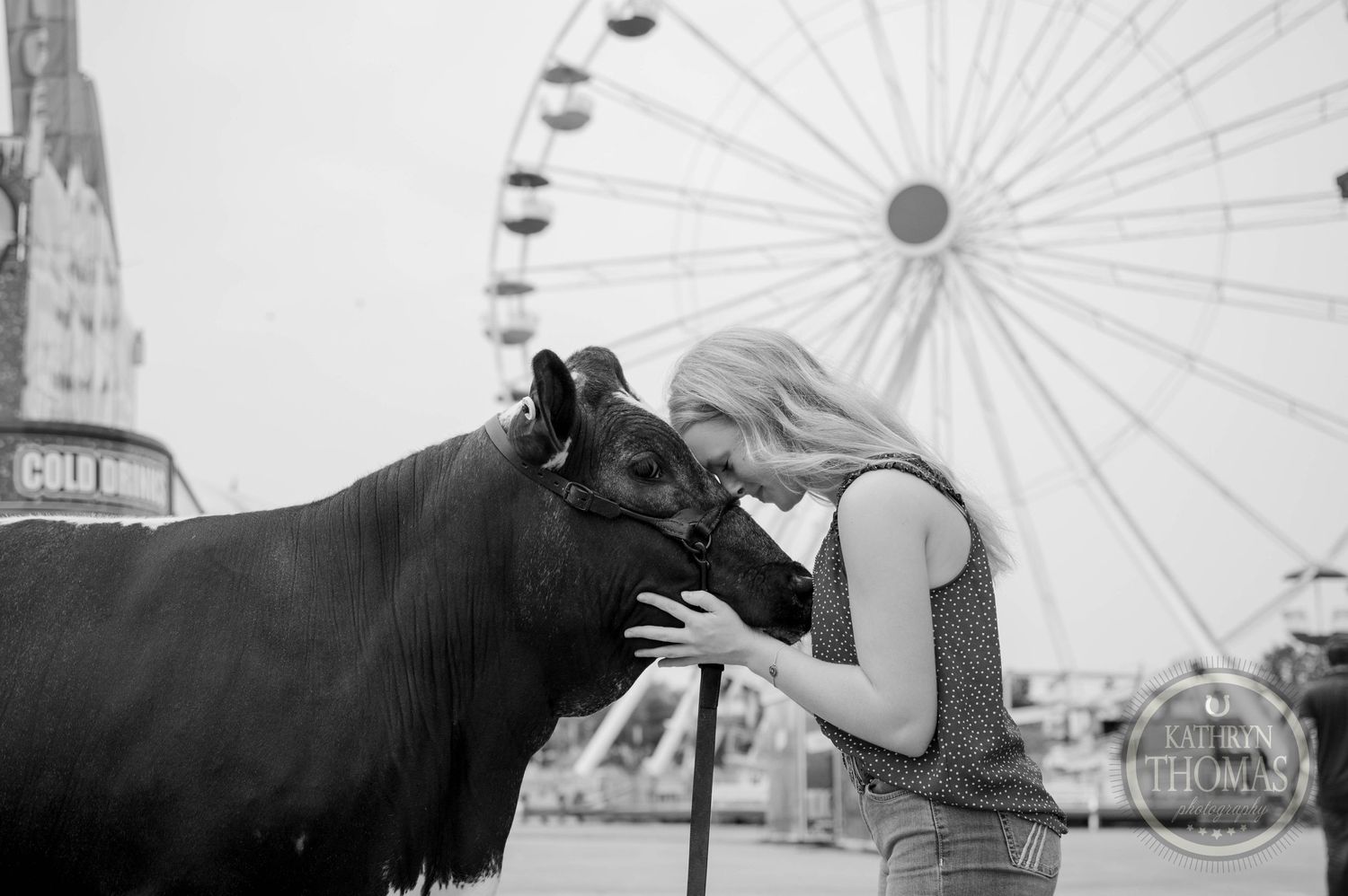 Black and white photo shows tender moment between cow and handler at county fair.