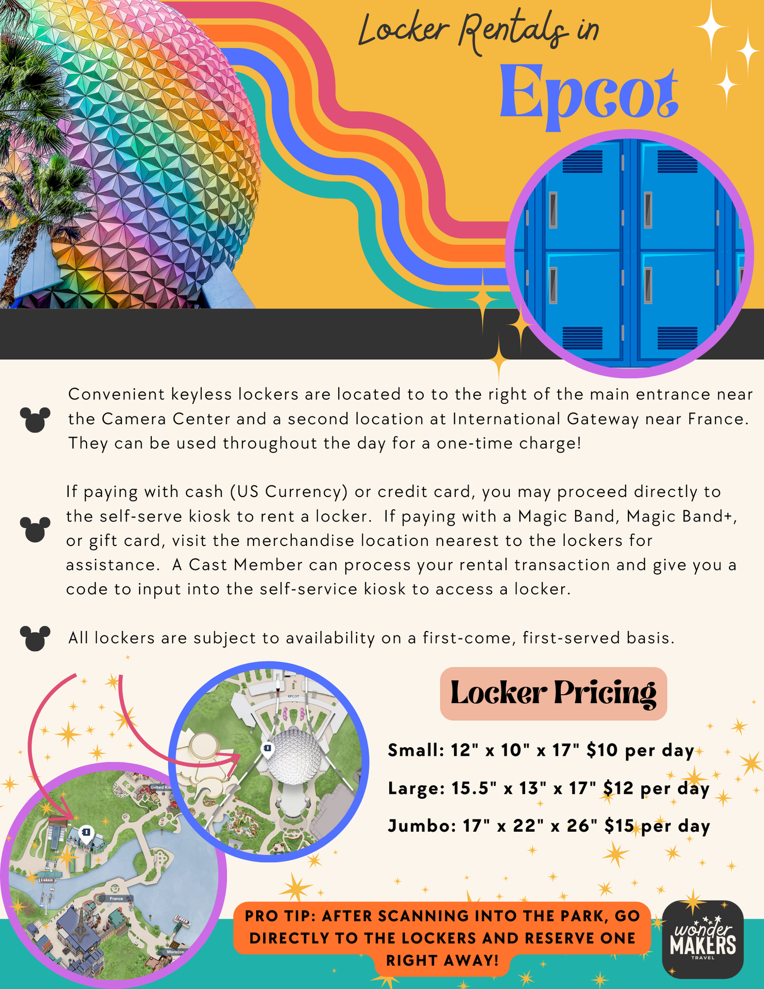 Colorful infographic showing locker rental information and pricing at Epcot theme park with rainbow wave design elements.