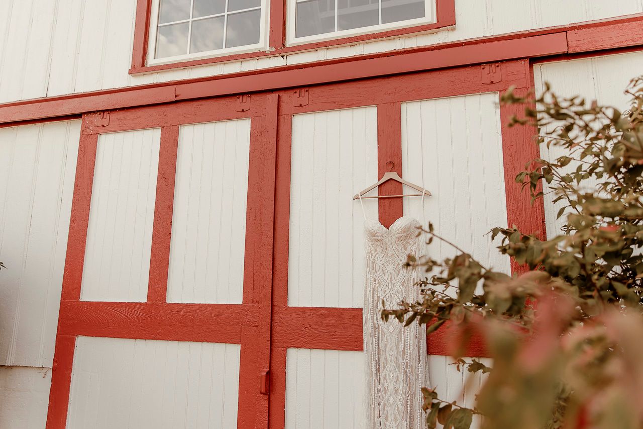 Rustic barn door painted in white and red trim with windows above and foliage peeking into frame.