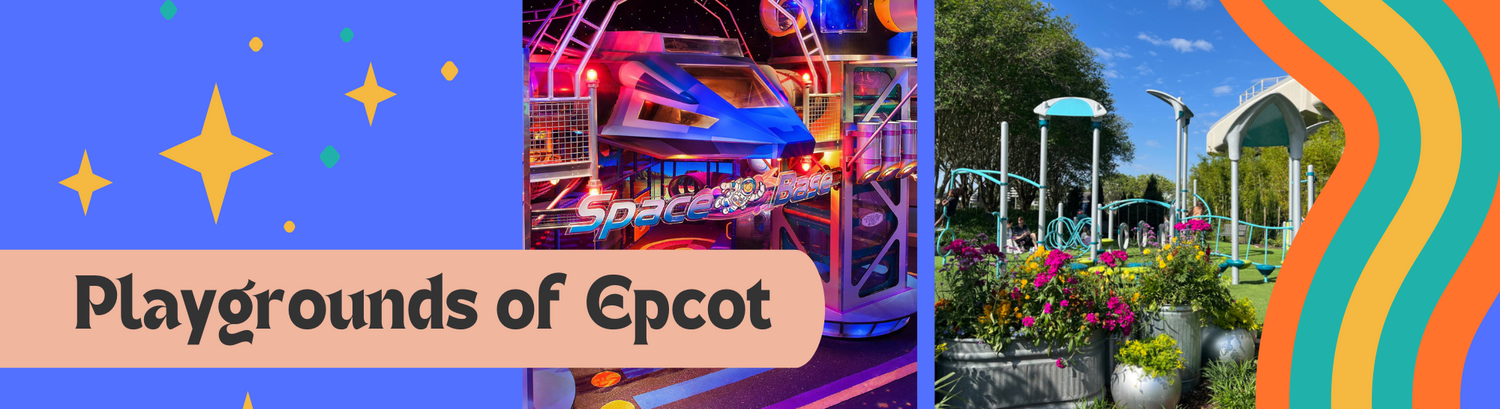 Theme park walkway through colorful gardens with bright blue sky and orange wave design element at Epcot.