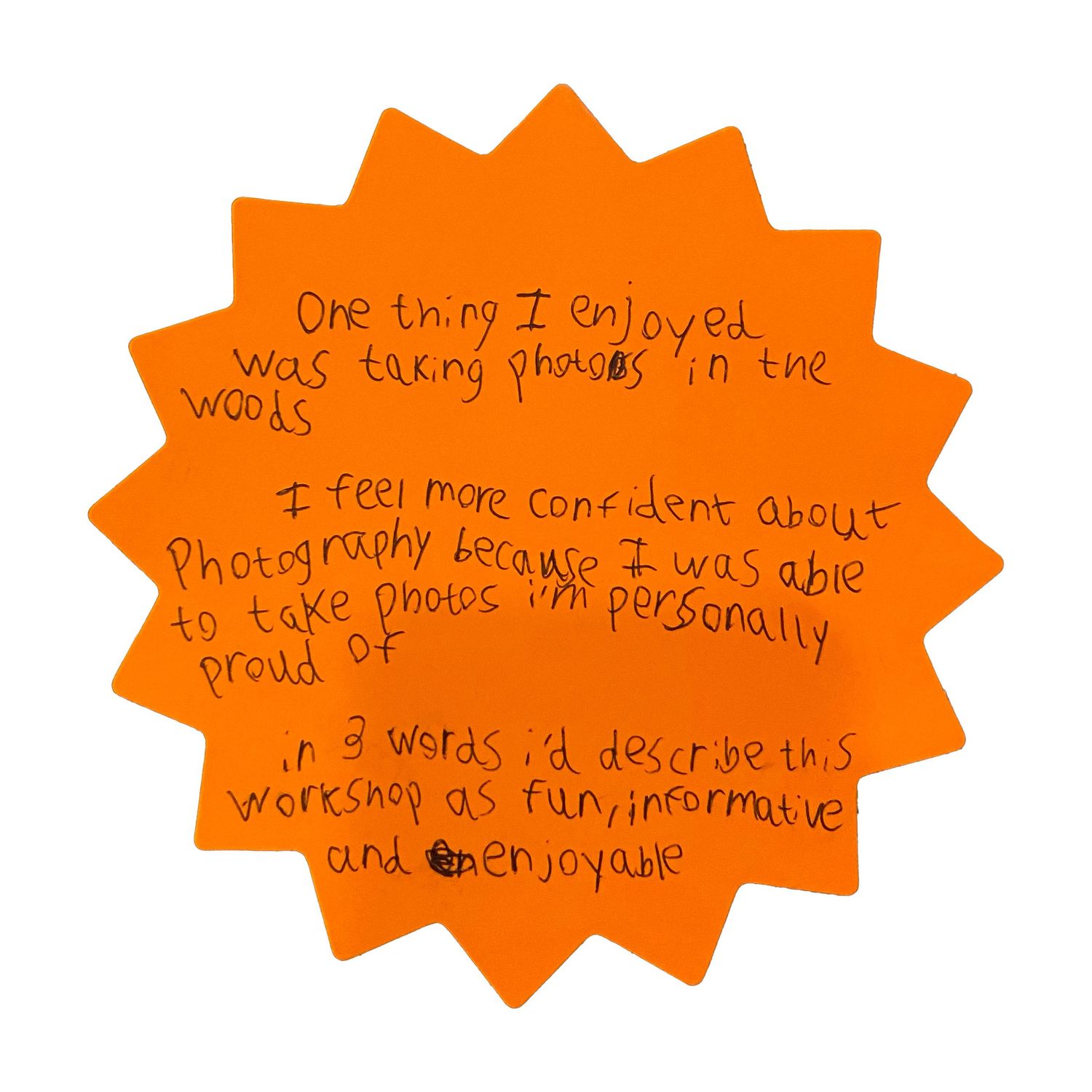 Orange star-shaped notes containing handwritten text laid out in a line.