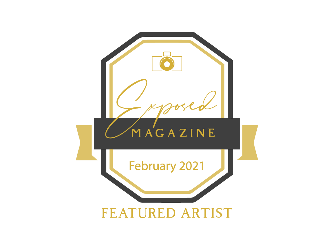 Golden magazine logo design with "Featured Artist" text and February 2021 date against black background.