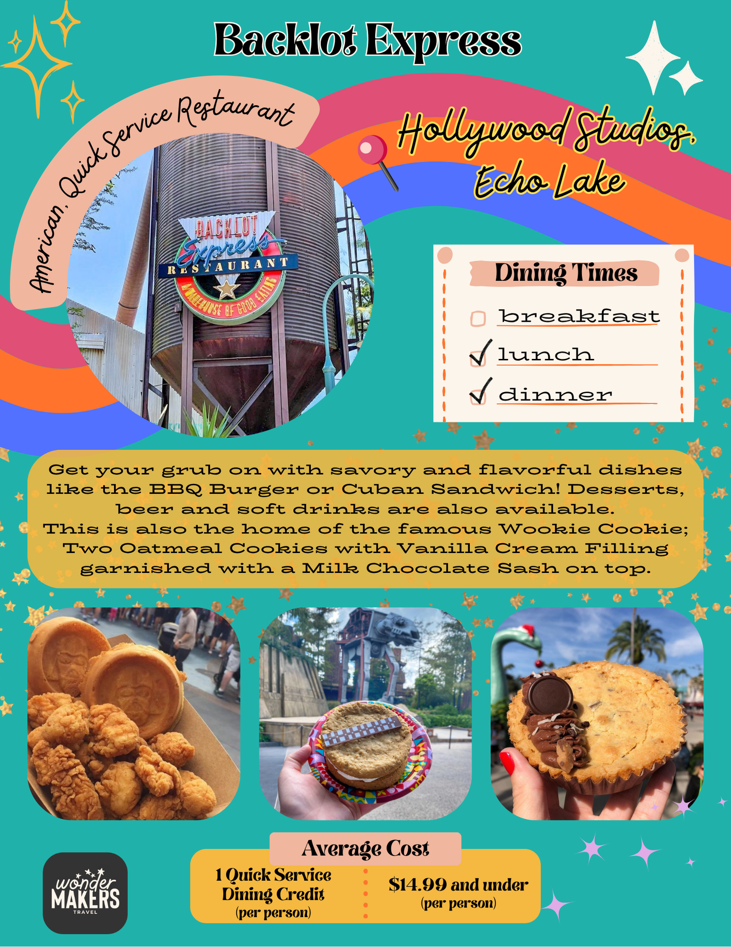 Menu board for Backlot Express restaurant featuring food photos and dining information.