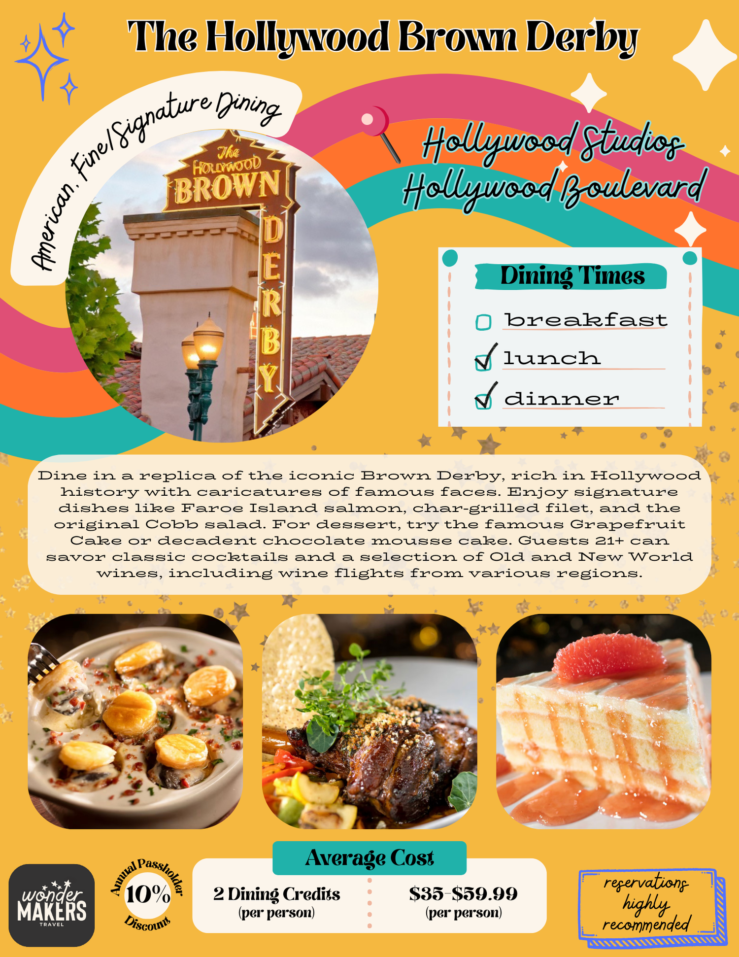 Restaurant menu featuring Hollywood Brown Derby logo with photos of pasta, steak and salmon dishes at Hollywood Studios.