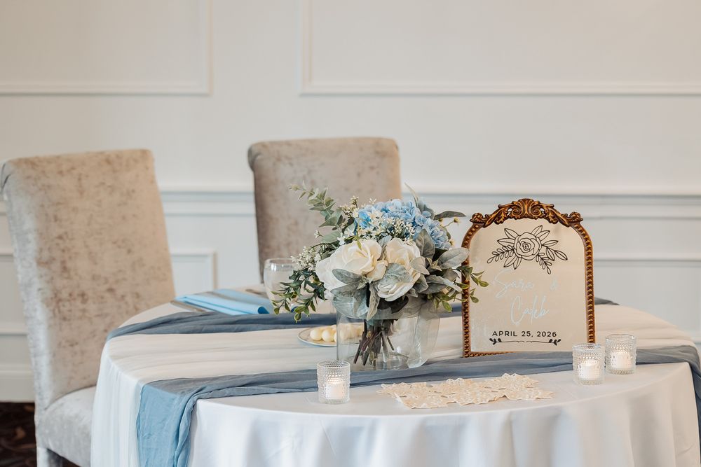 Elegant wedding sweetheart table with blue hydrangea bouquet, candles, and framed sign on white linen.