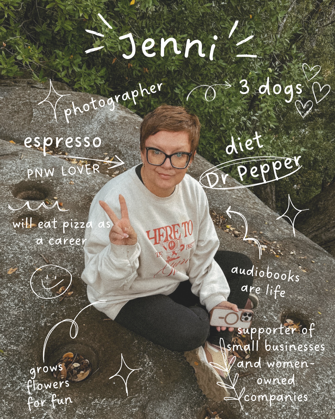 Portrait of Jenni, a photographer and PNW lover, sitting on rocks outdoors.