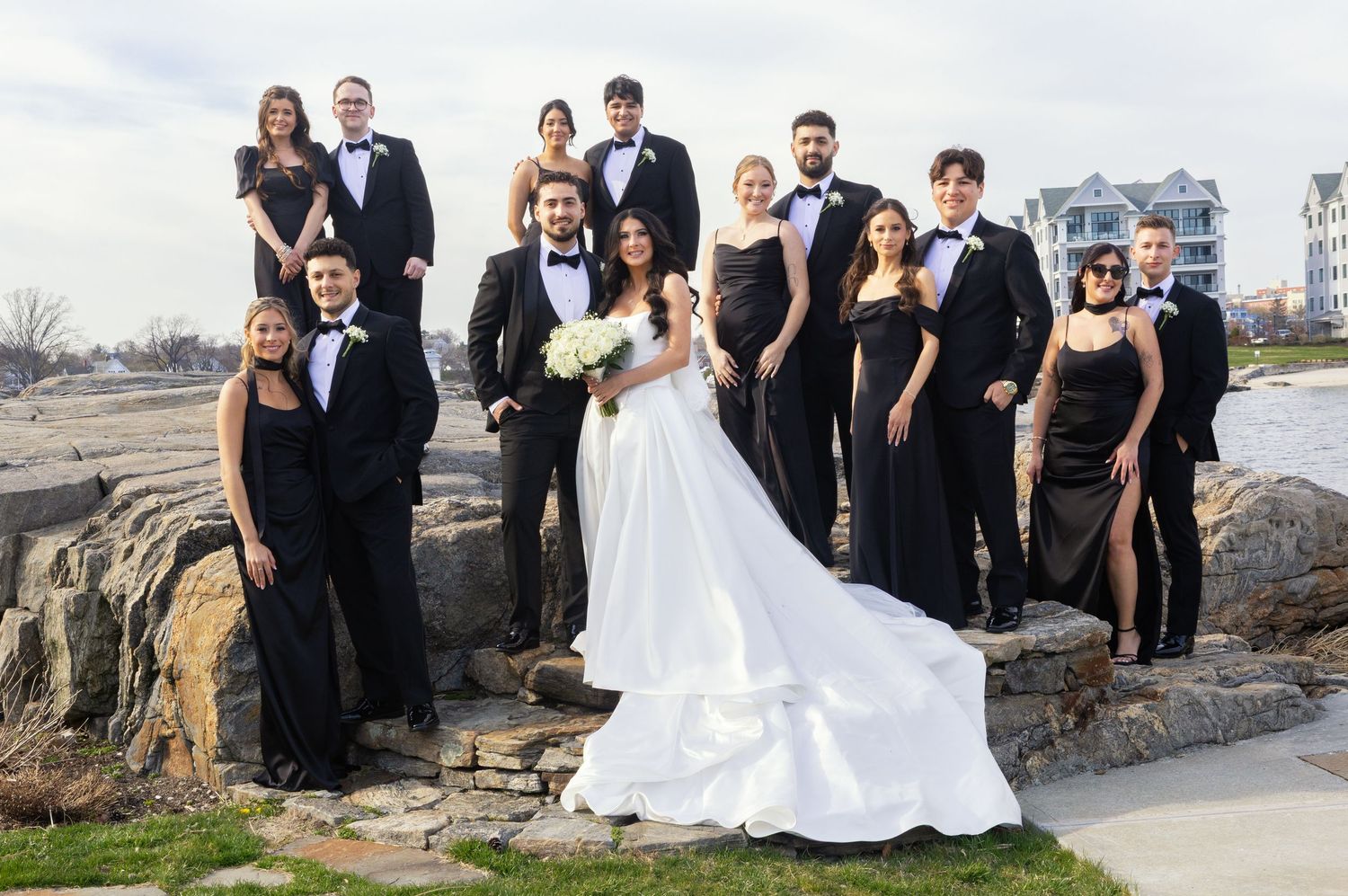 Bridal party portrait overlooking Long Island Sound during Glen Island Harbour Club wedding.