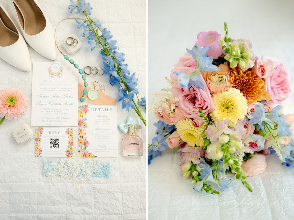 Colorful wedding flat lay with floral invitations, rings, perfume, and shoes beside a pastel pink, yellow, and blue bridal bouquet.