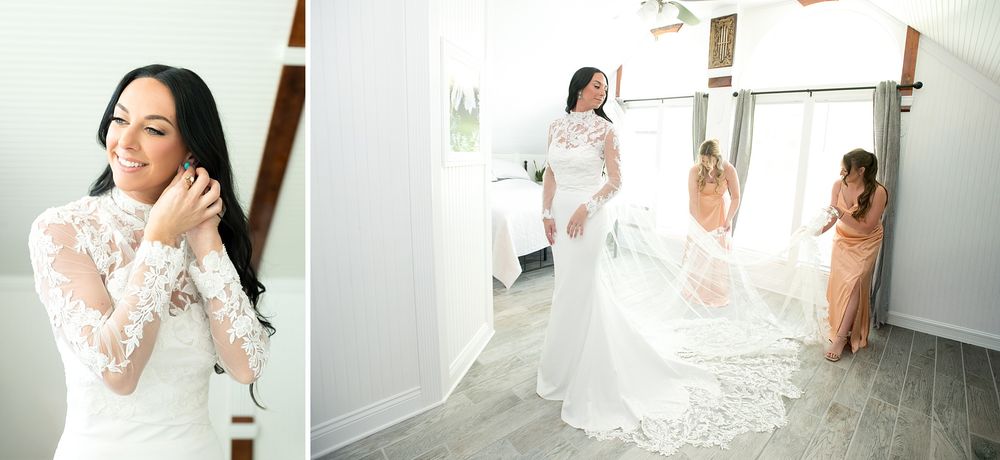 Bride in elegant lace long-sleeve wedding gown adjusting her dress, with bridesmaids in blush pink in background.
